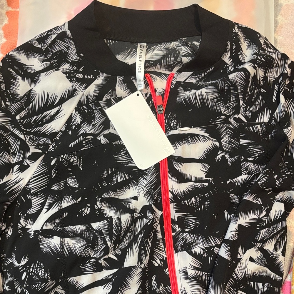 Fabletics Black and White Leaf Jacket with Pink Accent